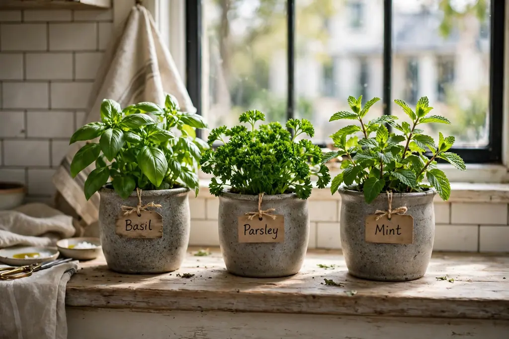 Kitchen windowsill with herb pots in stoneware, including basil, parsley, and mint
