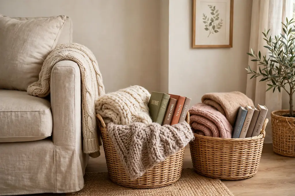 Living room corner with woven baskets holding wool throws and books beside a sofa
