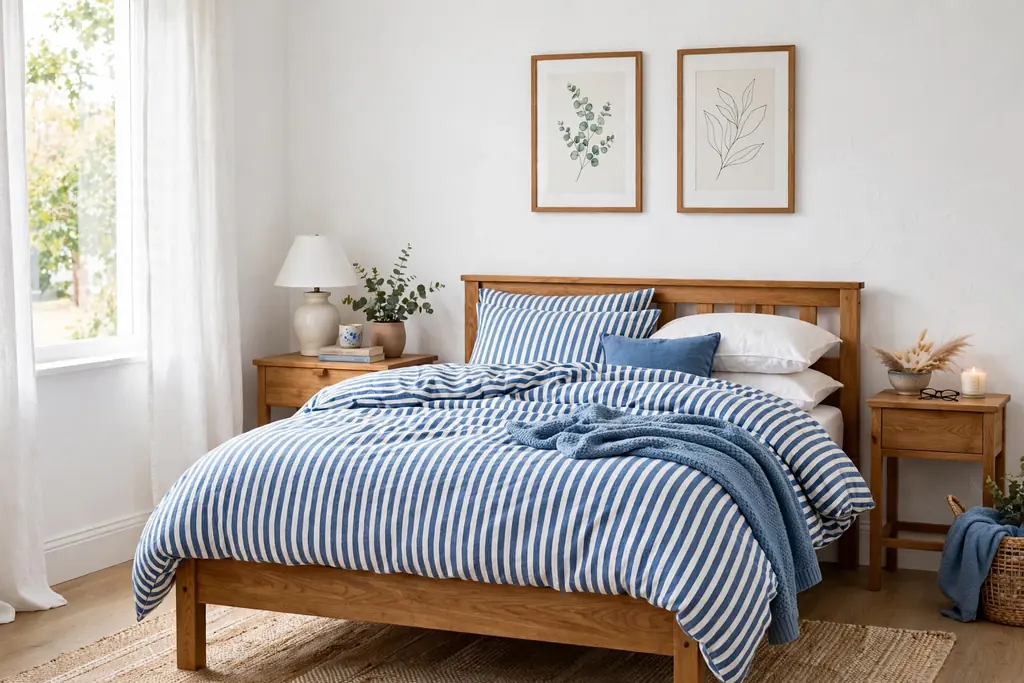Bedroom with blue and white striped bedding, white walls, and a wood bed frame