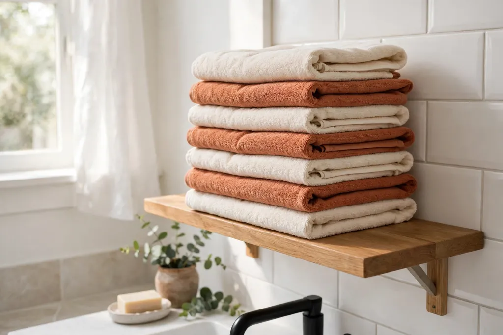 Stack of folded terracotta and cream towels on a wood shelf in a bright bathroom.