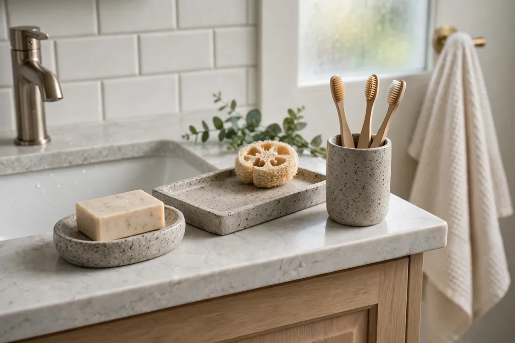 Speckled stoneware soap dish, tray, and toothbrush cup on a bathroom sink counter.