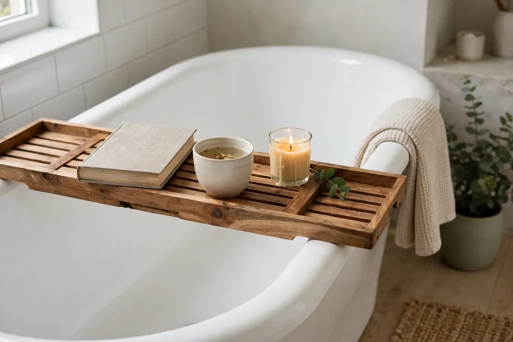 Wooden bath tray across a white bathtub holding a book, a cup, and a candle.