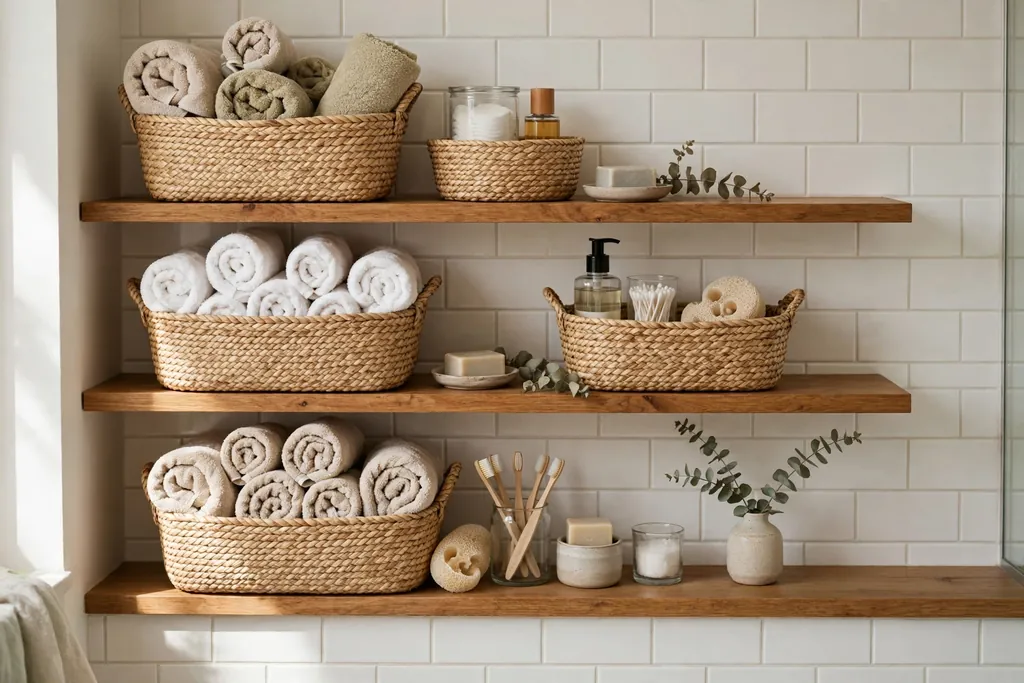 Seagrass baskets holding rolled towels and toiletries on bathroom shelves.