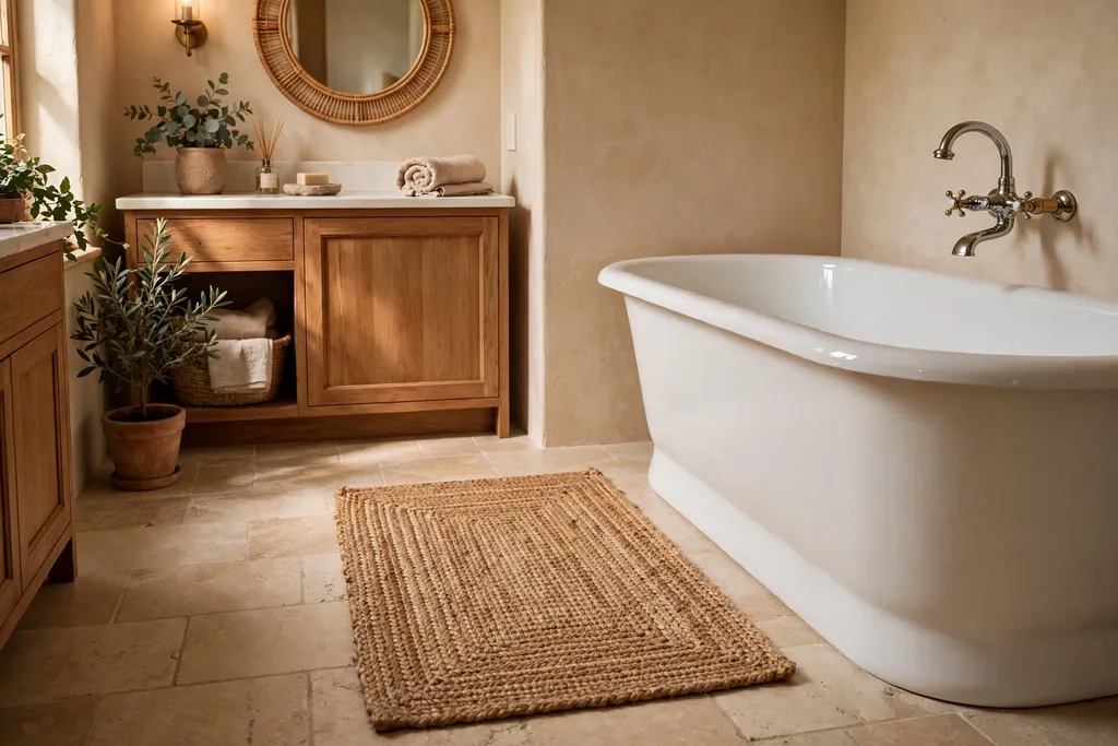 Jute bath rug on a tile floor beside a white bathtub in a warm bathroom.