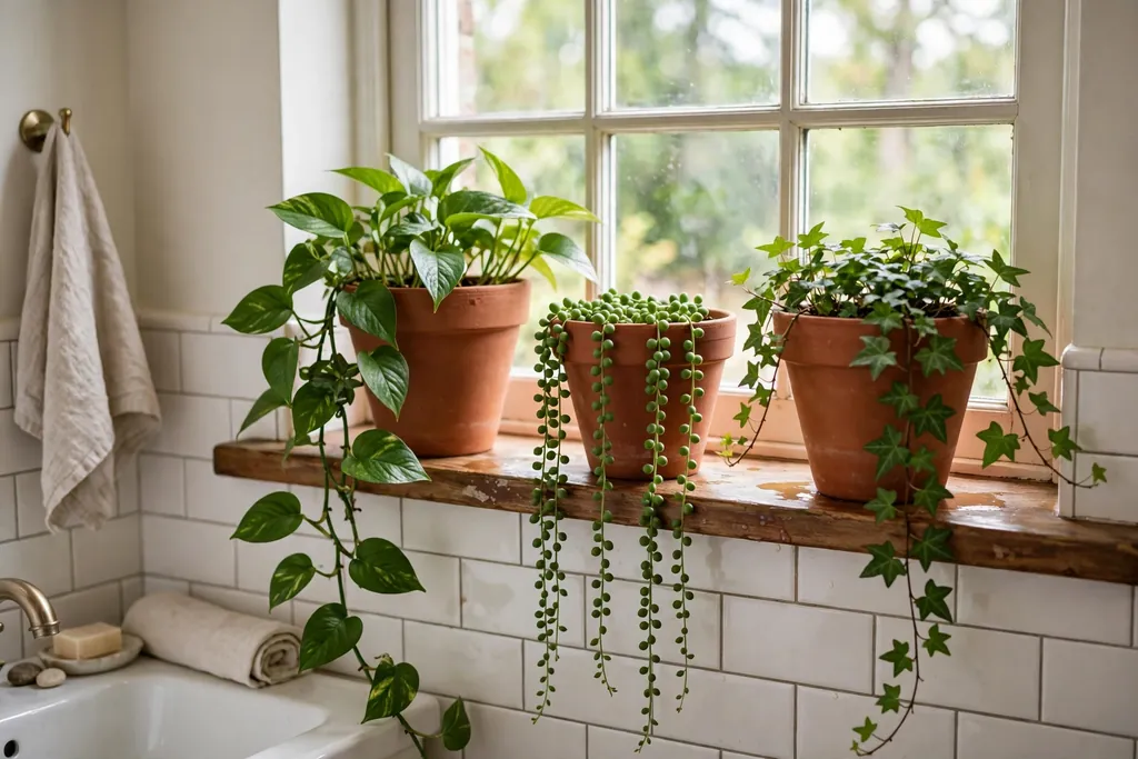Terracotta pots with a trailing green plant on a bathroom windowsill.