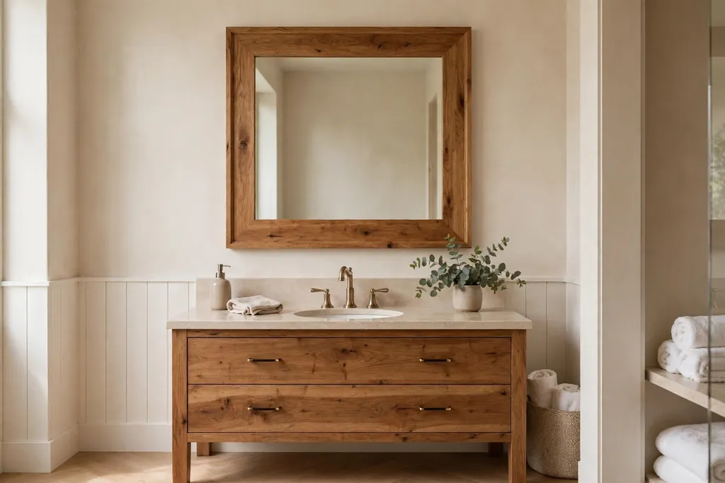 Bathroom vanity mirror with a warm wood frame above a wood vanity.