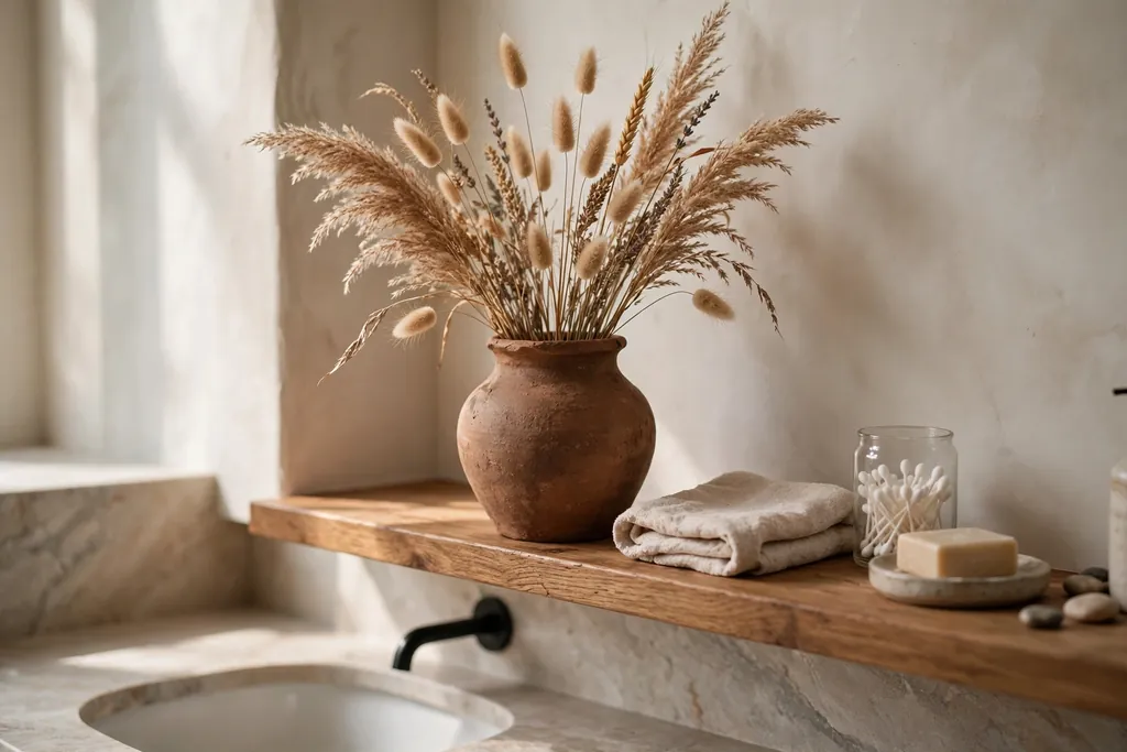 Clay vase holding dried grasses on a bathroom vanity shelf.