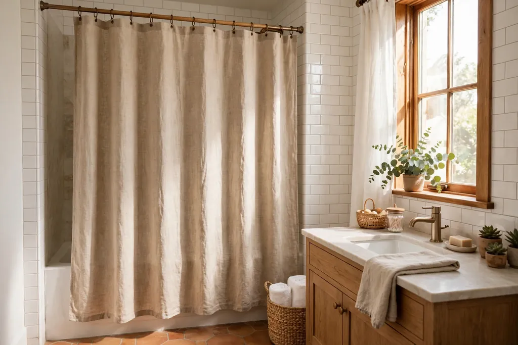 Oat linen look shower curtain hanging in a warm, bright bathroom.
