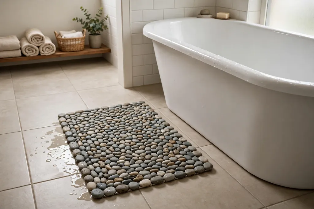 Stone pebble bath mat on a tile floor beside a bathtub.
