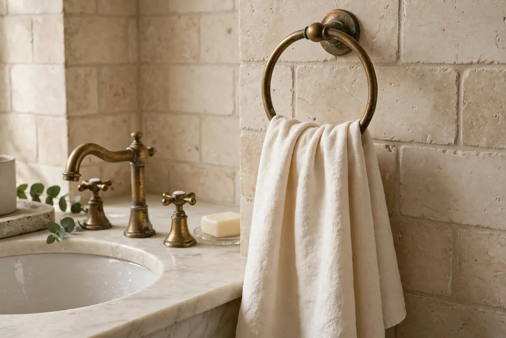 Aged brass towel ring holding a cream towel beside a bathroom sink.
