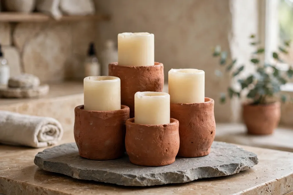 Cluster of terracotta candle holders with cream candles on a stone tray.