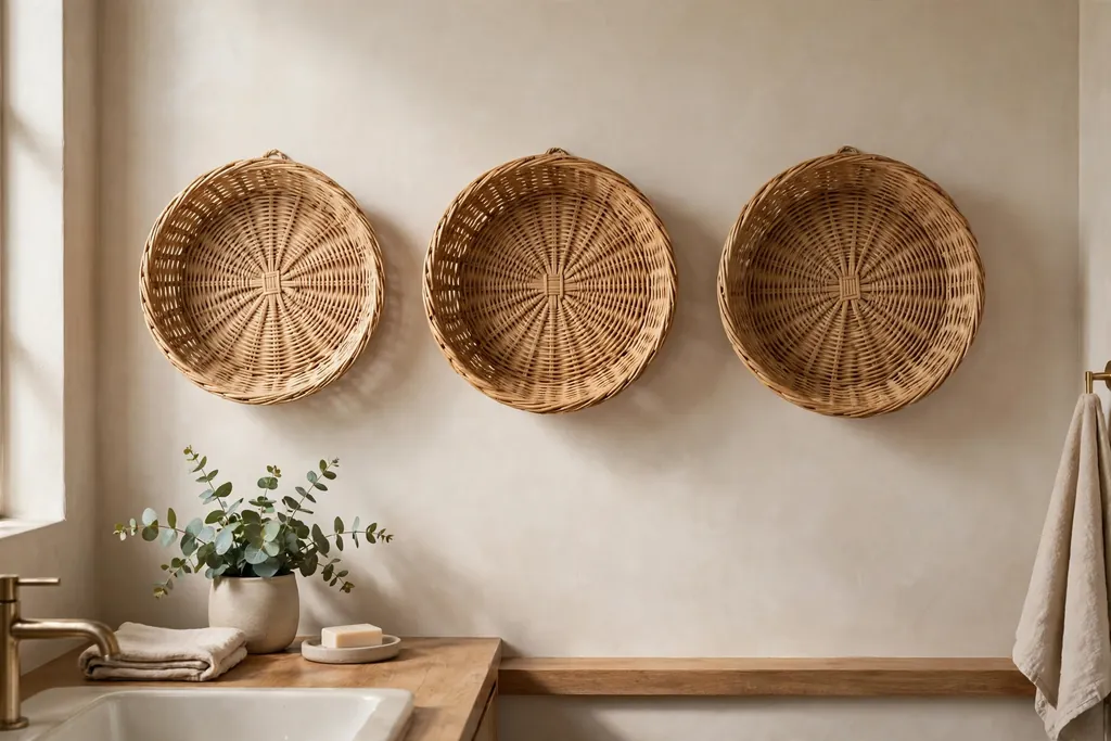 Trio of woven wall baskets in natural tan tones on a bathroom wall.