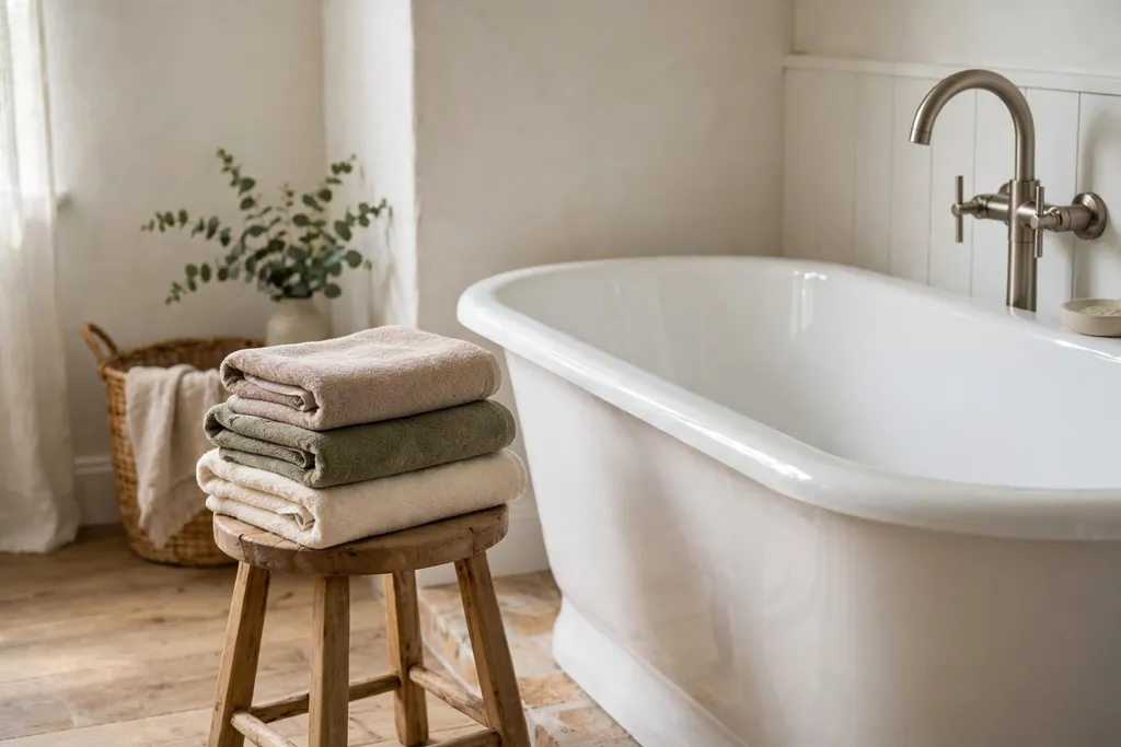 Small wood stool beside a bathtub holding folded towels.