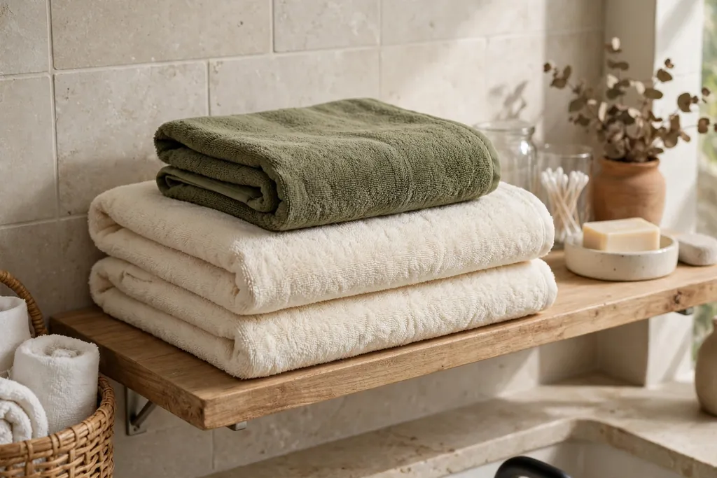 Olive green hand towel folded on top of cream bath towels on a shelf.
