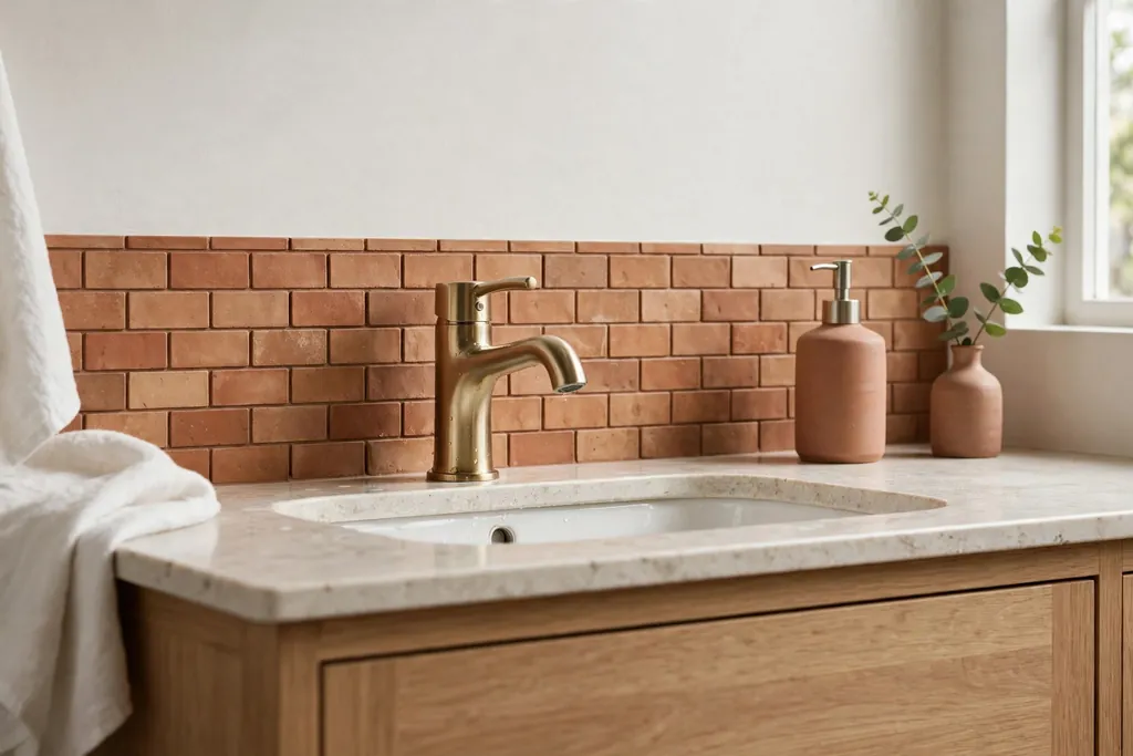 Narrow band of clay colored tiles behind a bathroom sink.