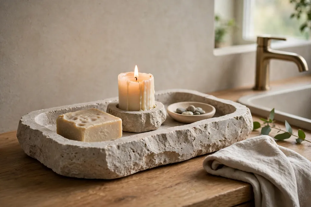 Stone tray on a bathroom vanity holding soap, a candle, and a small dish.
