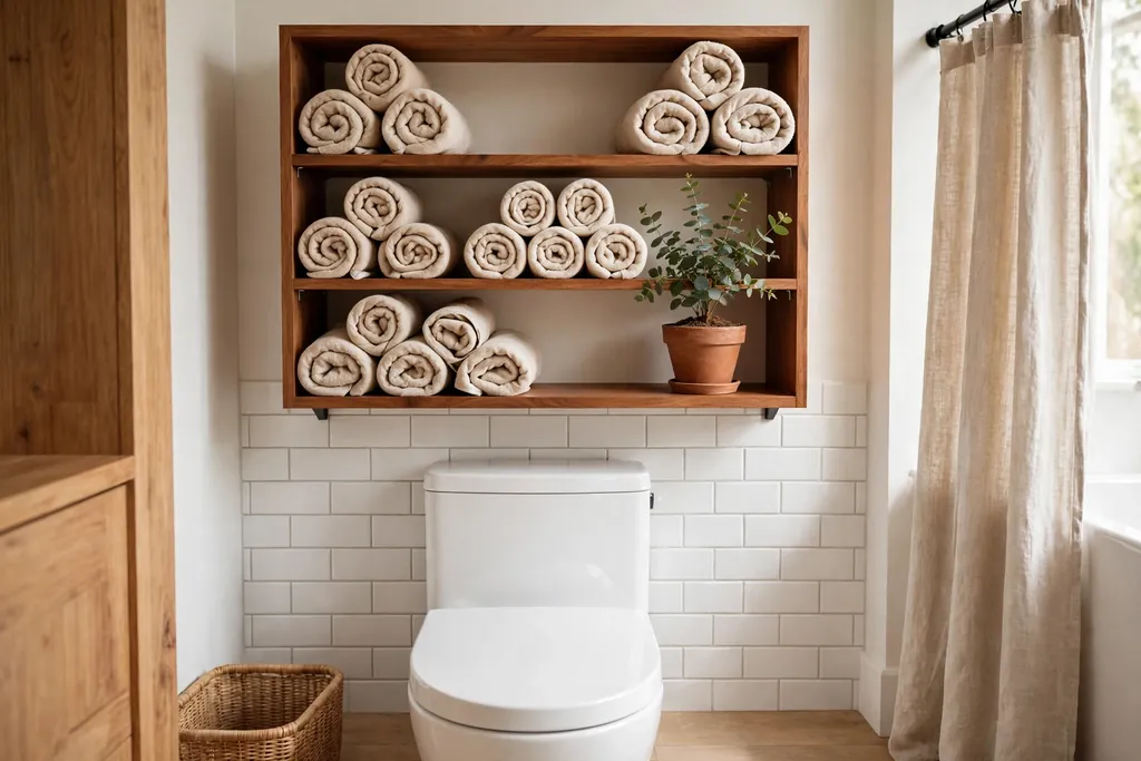 Warm wood open shelf above a toilet holding rolled towels and a plant.