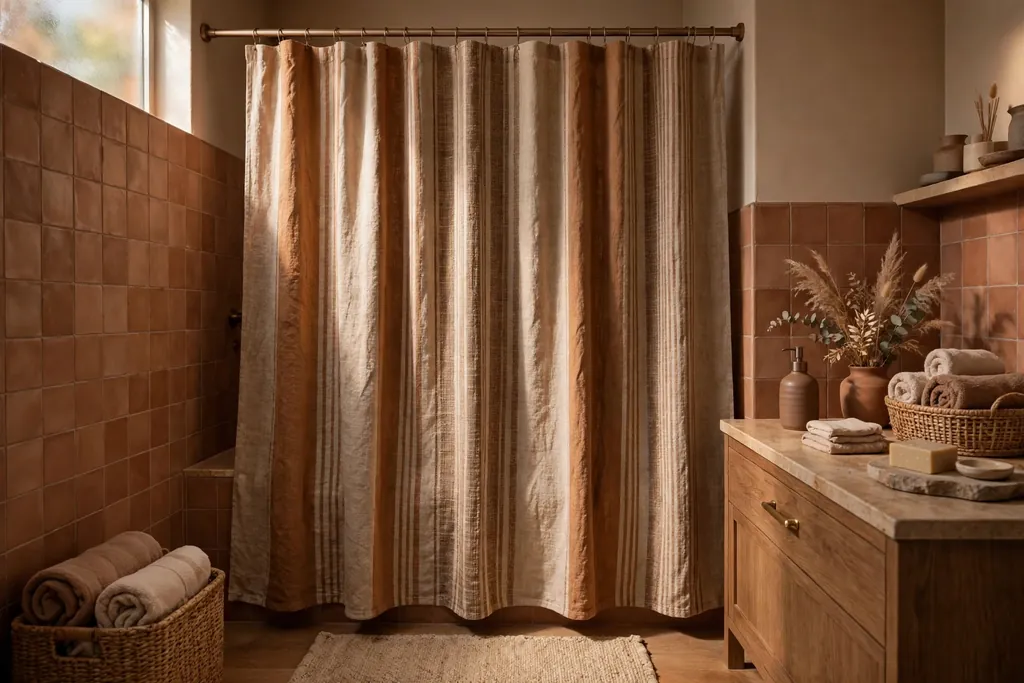 Shower curtain in clay, sand, and soft brown tones in a warm bathroom.