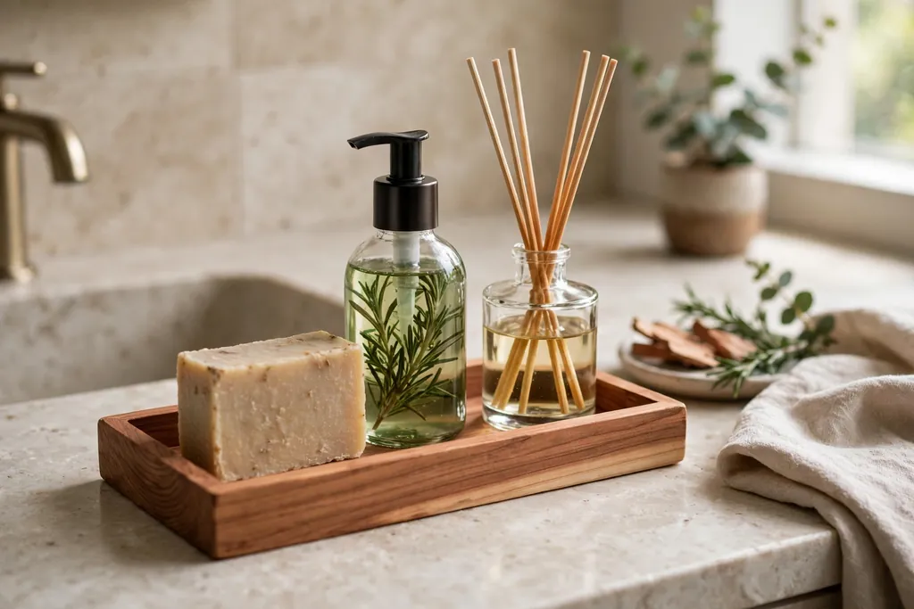 Small wood tray on a bathroom vanity holding cedar soap, rosemary hand wash, and a diffuser.