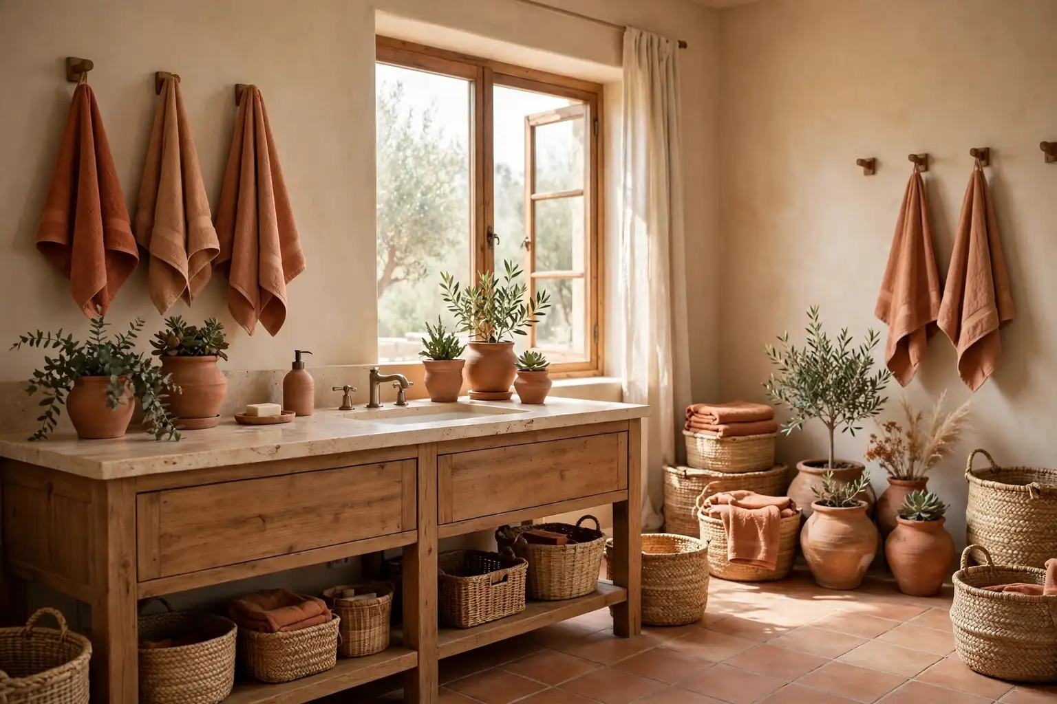 Wide warm bathroom with terracotta towels, wood vanity, clay pots, woven baskets, and soft daylight.