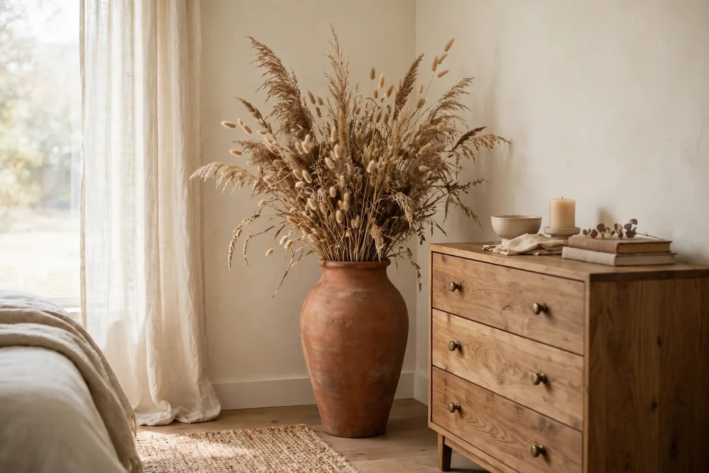 Tall terracotta vase filled with dried grasses in a bedroom corner.