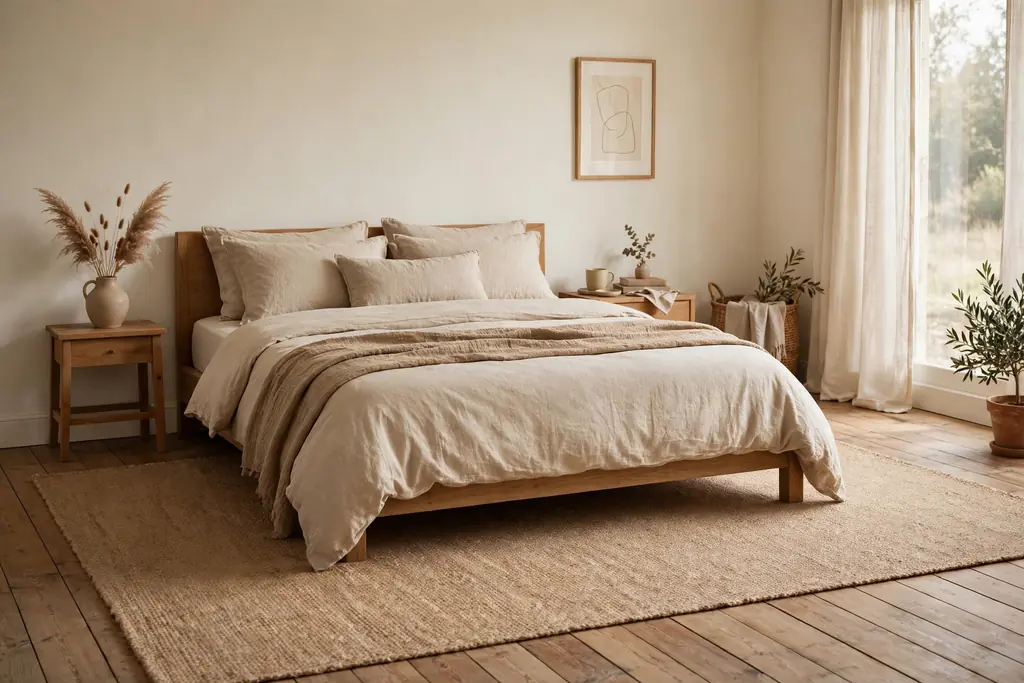 Bedroom with a large plain jute rug under a bed with sand bedding.