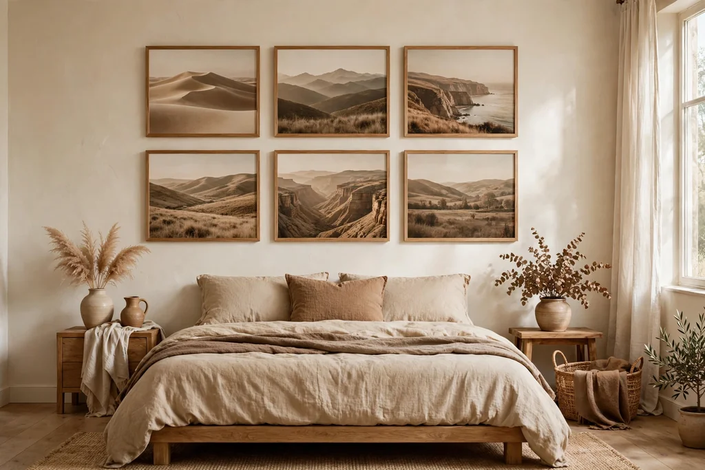 Gallery wall of earth tone landscape prints in wood frames above a bed.