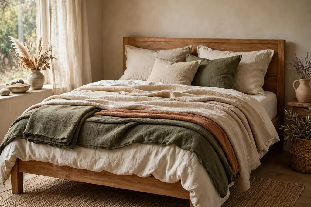 Bed layered with sand, clay, and olive bedding, linen cushions, and a folded throw.