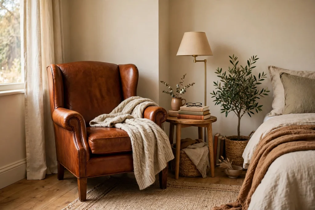 Cognac leather reading chair in a bedroom corner with a side table and floor lamp.