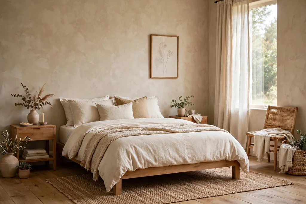 Bedroom with soft clay limewash walls, wood furniture, and cream bedding.