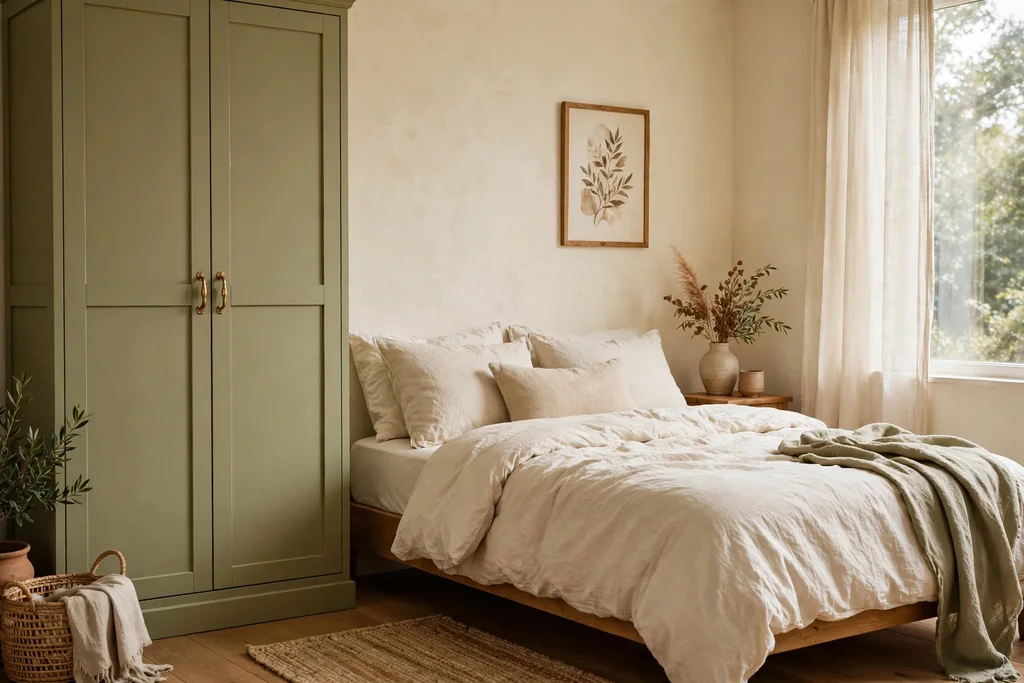 Bedroom with a soft olive green painted wardrobe beside a bed with cream bedding.