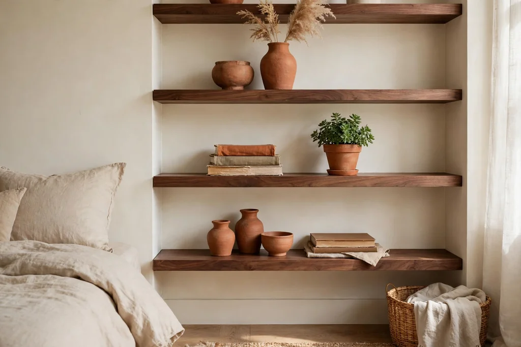 Open walnut shelves in a bedroom holding ceramics, books, and a plant.