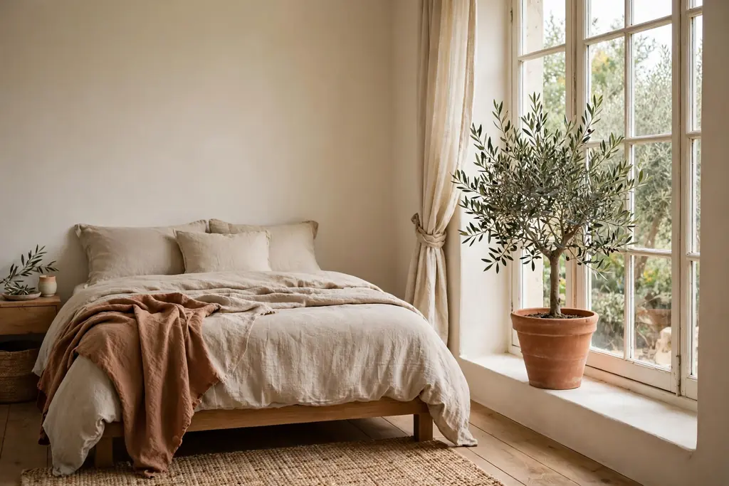 Potted olive tree in a terracotta pot by a bedroom window in daylight.