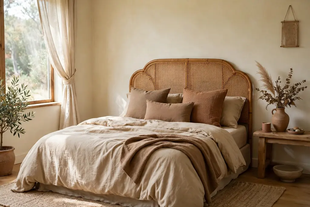 Bedroom with a rattan cane headboard, sand bedding, and clay cushions.