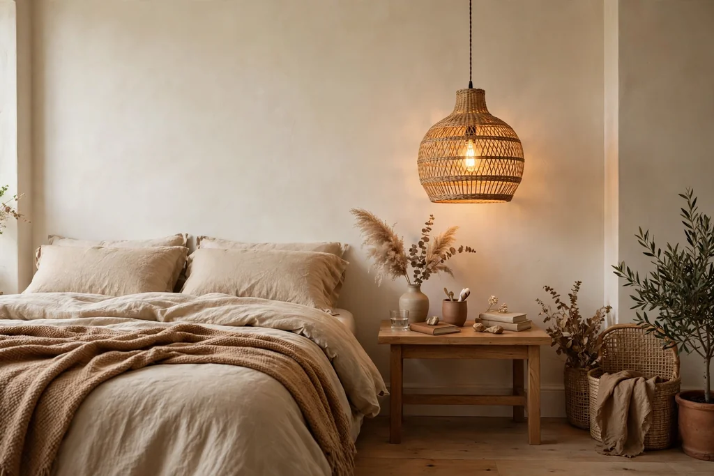 Bedroom with a woven rattan pendant light hanging over a bedside table.