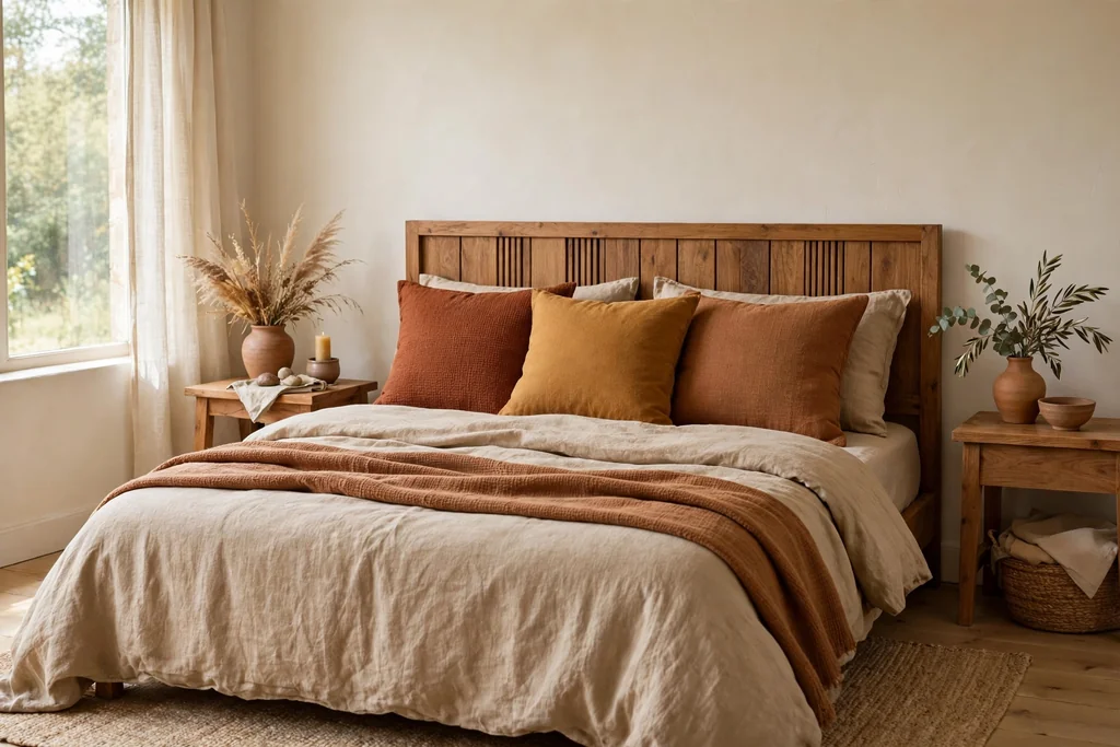 Bed styled with rust, ochre, and clay cushions over sand bedding.