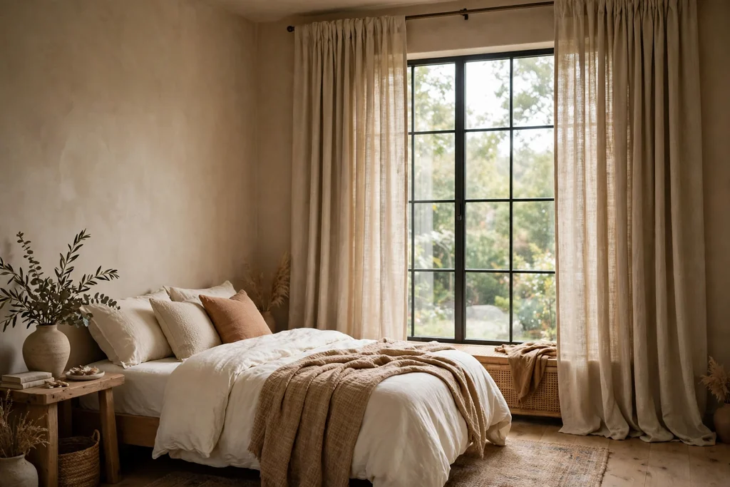 Bedroom window with sand linen curtains hung high and wide in soft daylight.