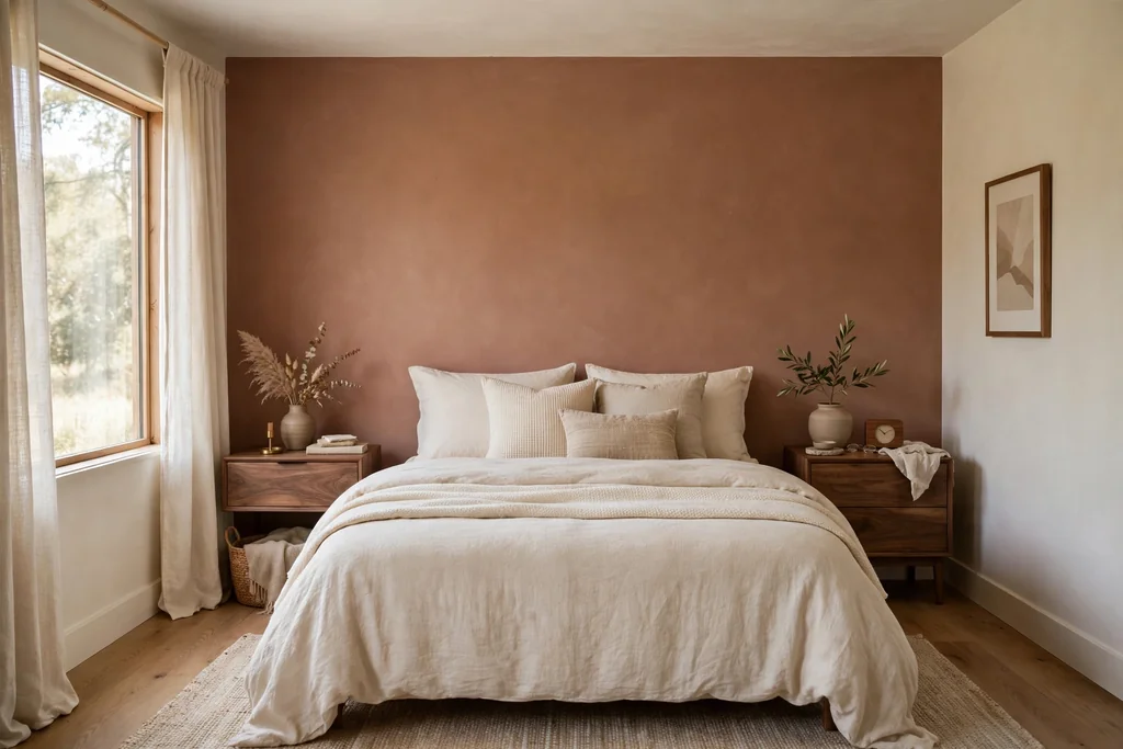 Bedroom with a muted terracotta accent wall behind a bed with cream bedding.
