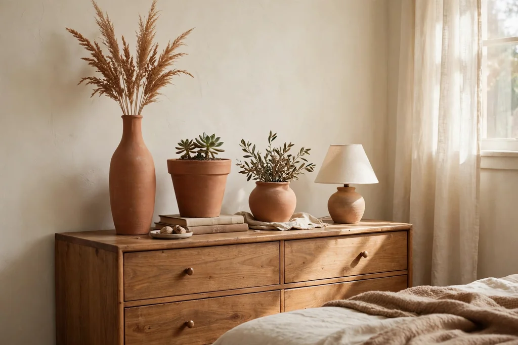 Dresser styled with three terracotta pots and vases of different heights.