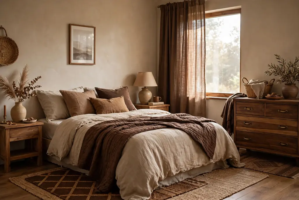 Bedroom in tone on tone shades from sand to chocolate, with bedding, curtains, and rugs in earth tones.