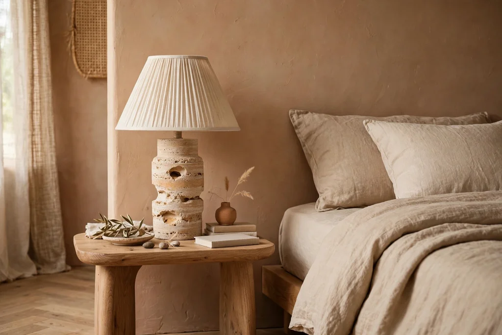 Bedside table with a travertine stone lamp and a cream linen shade.