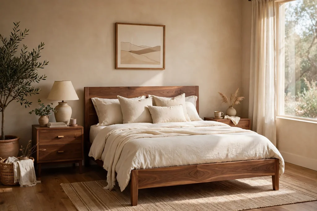 Bedroom with a warm walnut bed frame, walnut nightstands, and cream bedding.