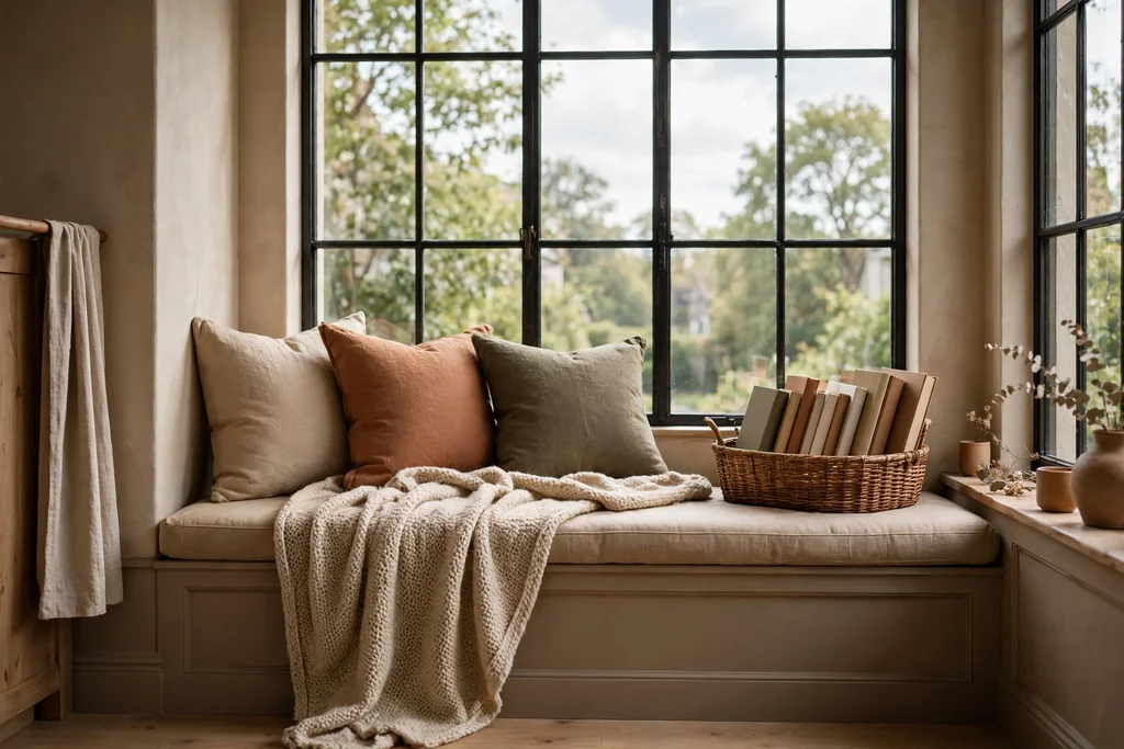 Bedroom window seat nook with sand, clay, and olive cushions and a basket of books.