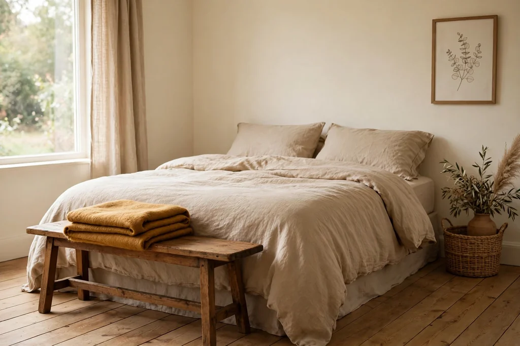 Wood bench at the foot of a bed with a folded ochre wool throw.