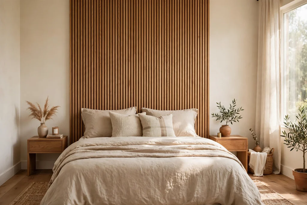Bedroom with a vertical wood slat feature wall behind a bed with sand bedding.