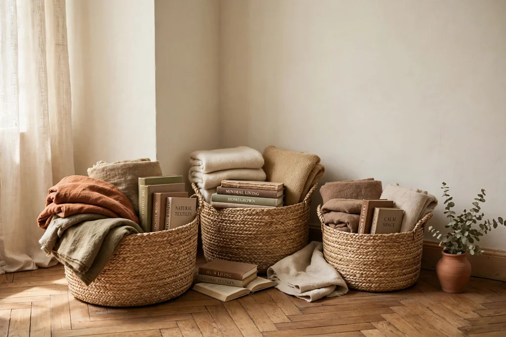 Woven seagrass baskets holding blankets and books in a bedroom corner.