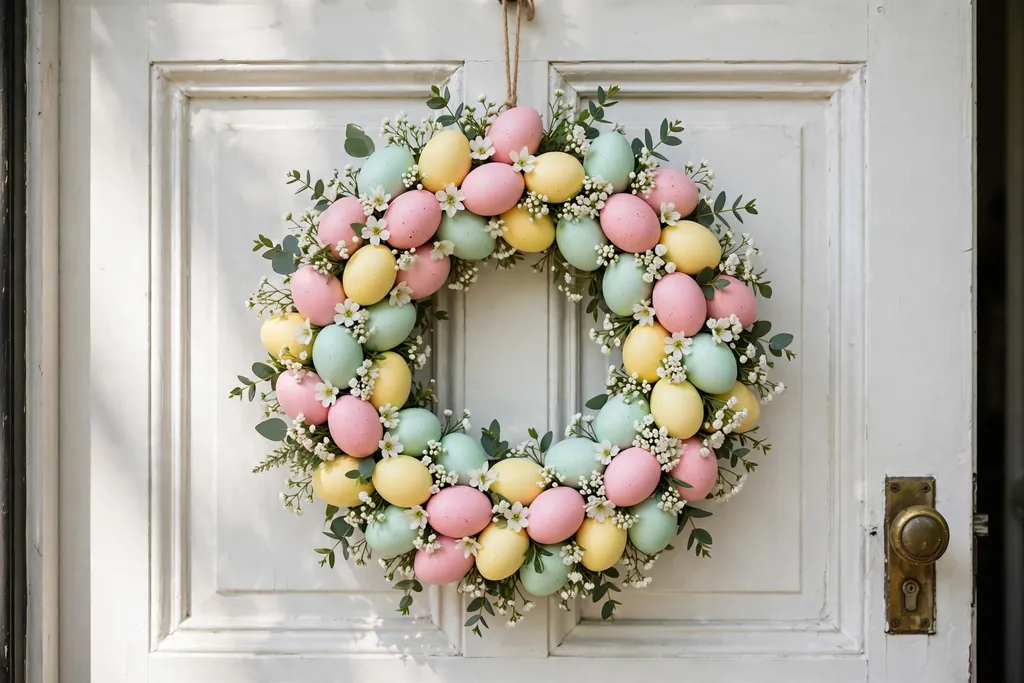 Round pastel Easter egg wreath with pink, yellow, and mint painted eggs and small white flowers on a white front door.