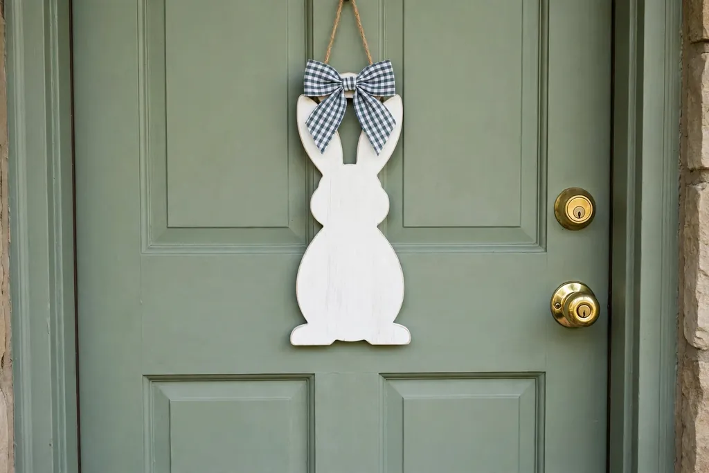 White wooden bunny silhouette door hanger with a gingham bow on a sage green front door.