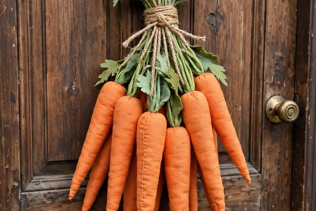 Bunch of fabric carrots tied with twine hanging as a door hanger on a wooden front door.