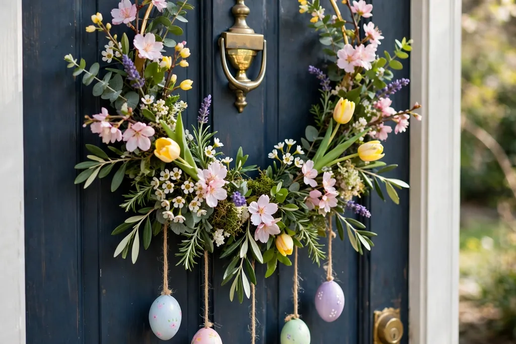 Gold metal hoop door hanger decorated with spring flowers and small hanging painted eggs on a front door.